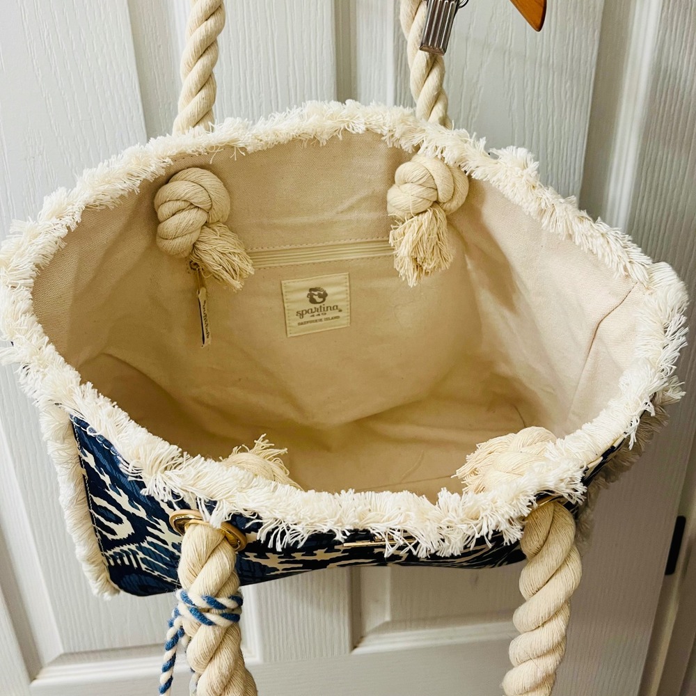 Spartina 449 Moonglade Boho Beach Tote Blue White Ikat Fringe 960675 Rope Straps - Picture 3 of 14